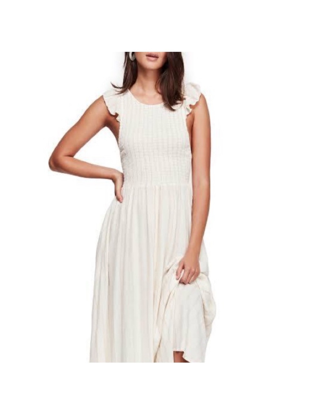 Free People Ivory Smocked Open Back Boho Maxi Dress Striped Cream Small